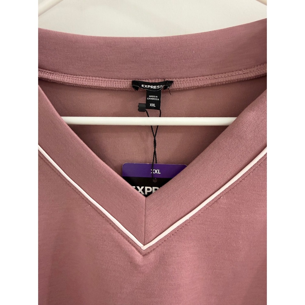 Express Womens XXL Dusty Rose Mauve V-Neck Sweatshirt White Piping Pullover NEW - Picture 2 of 4